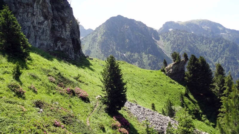 Exploration à la montée : En gardant la ligne de niveau vers 1800m juste avant le passage le plus pourri, on arrive à cette petite plateforme tout au bout. Très joli, mais c'est cul de sac!