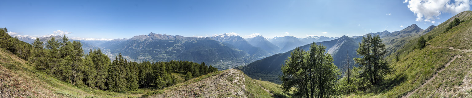 La Tzira : énormissime vue panoramique sur le VDA, du Cervin au Mt Fallère