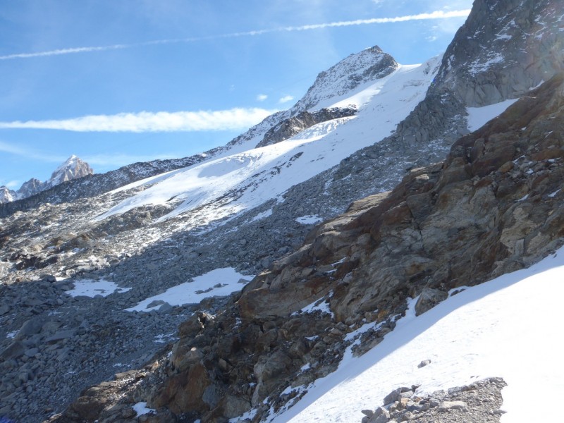 Chemin Aiguille à Bochard. : Glacier de la Pendant plus Glacier de Lognan avec l'Aiguille des Grants Montets " gare d'arrivée du téléphérique".