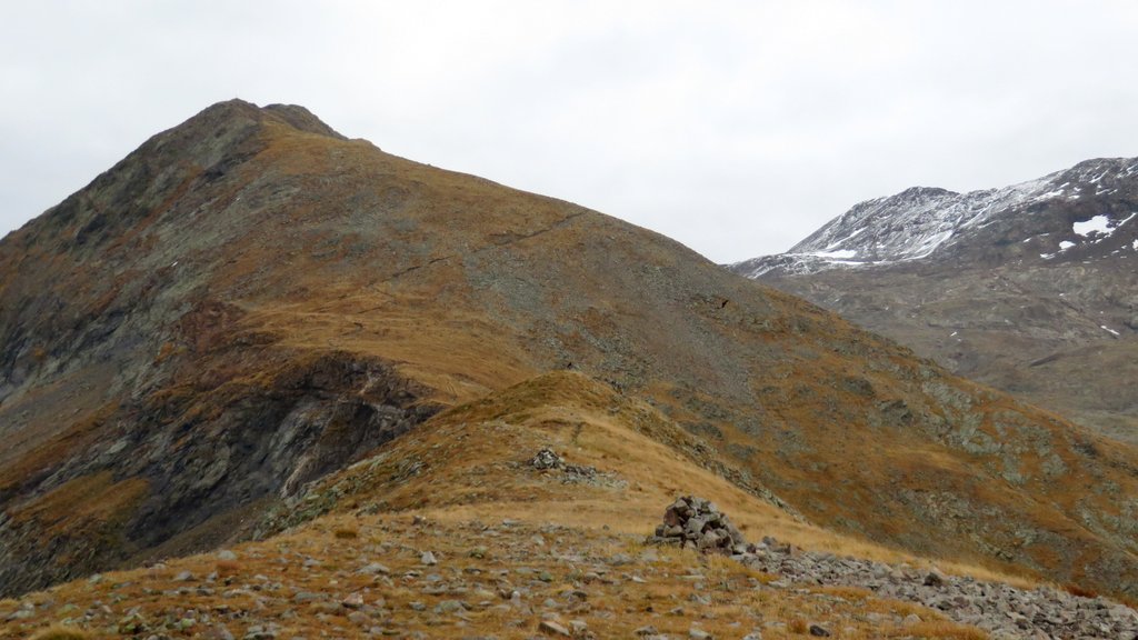 Croix du Sergent Pinelli : On voit bien le chemin de la croix du sergent Pinelli qu'on ferat en aller retour un peu plus tard. Et là bas au fond le sommet qui parait bien loin!