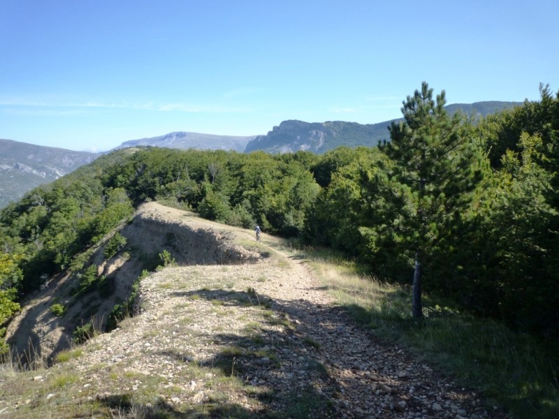 Point 1294 m : le sentier passe au bord du raide versant ouest. Montagne de Jouère au dernier plan, Cluchette (Montagne de Mélan) à sa droite