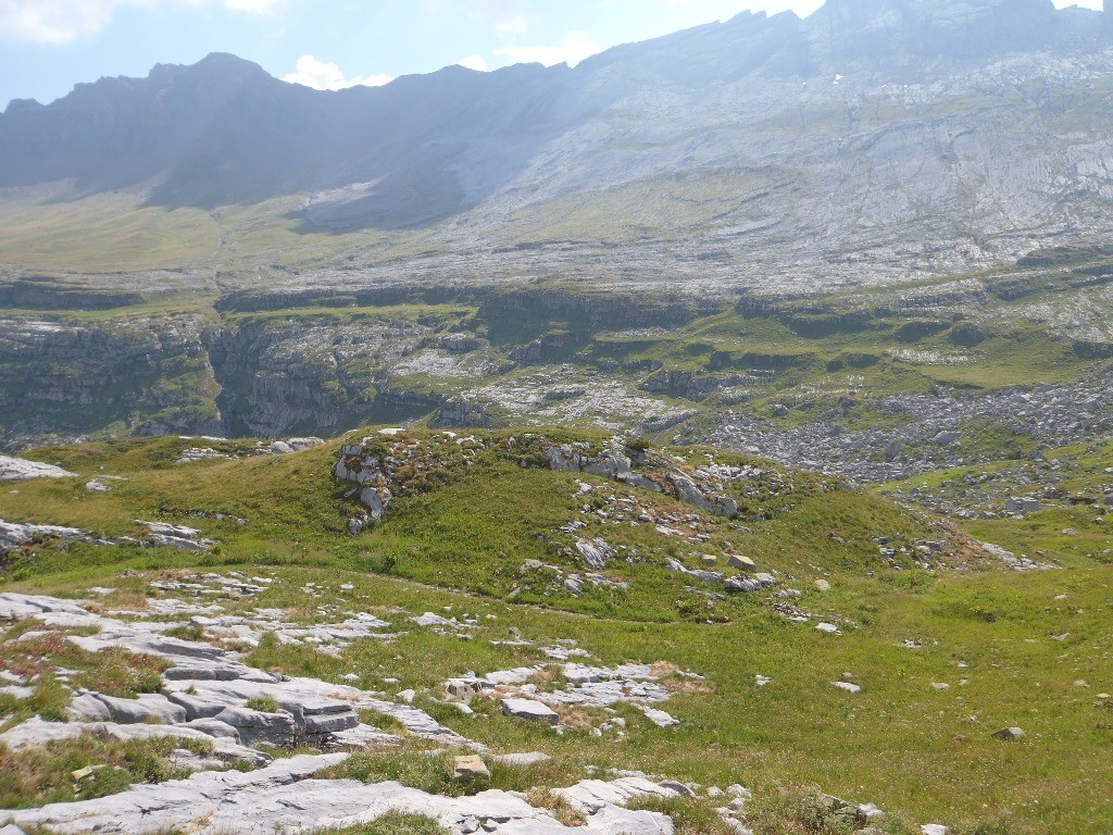 Depuis le GR96, en face on aperçoit une marche verte juste au dessous de l'alpage des Salamanes, le sentier passe par là.