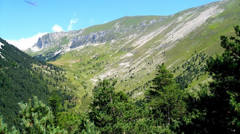 Le Jocou : Le Jocou nous domine. Col Lachau en-dessous et on devine le col de Seysse tout en haut à gauche