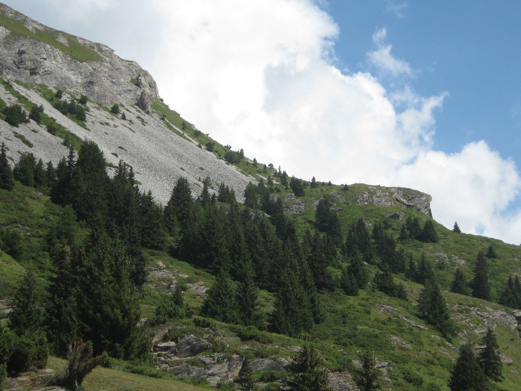 vue sur l'itinéraire qui passe sous les éboulis