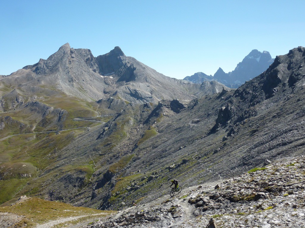 Descente face nord du col de Chamoussière par un single raide mais propre et joueur : vue sur l'Agnel, le pain de Sucre et le Viso à droite