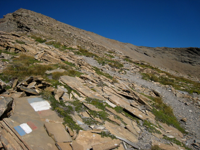 Epaule sud-est : le sentier passe en limite de la zone centrale du Parc des Ecrins