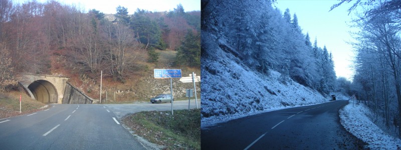 Transition Drôme/Isère : Avant et après le tunnel du col de Menée : côté VTT et côté ski de rando...