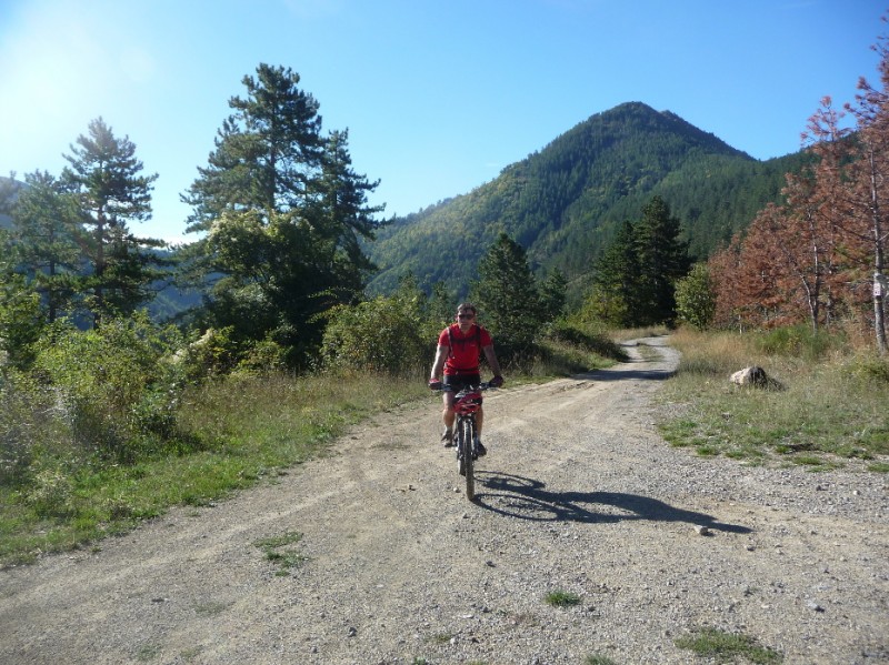 Les Chemins du Soleil : Hautes Baties de Cousson, le Pas d'Entrages est au fond entre les mélèzes à Gauche.