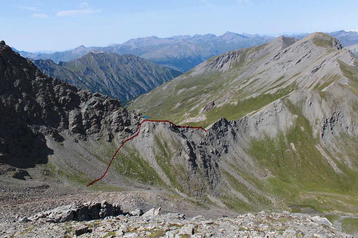 #7 Itinéraire : du col 2827m à la bascule sur le vallon du Torrent de la Roche Blanche (passage escarpé) Itinéraire : du col 2827m à la bascule sur le vallon du Torrent de la Roche Blanche (passage escarpé)