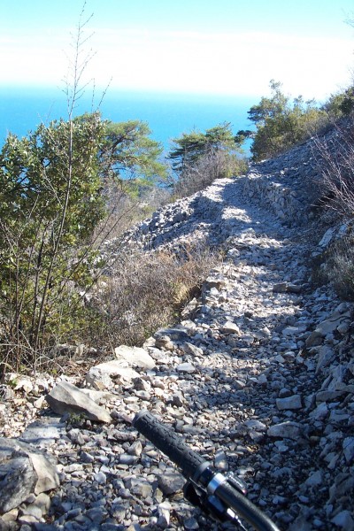 #10 Sentier des Cabanelles : Mais non, il n Sentier des Cabanelles : Mais non, il n'y a pas tant de cailloux que cela ! Ca roule bien par ici (à condition de pédaler en descente pour garder la vitesse qui permet de surfer sur cette caillasse)