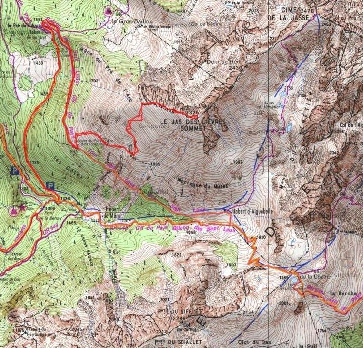 VTTrack Jasse des lièvres : Copie d'écran de la carte, qui illustre le fait qu'on ne peut pas voir le chemin de la cime de la jasse à partir de la jasse des lièvres, car il y a la dent de Bédina entre les deux