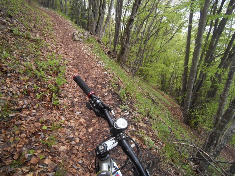 Sous le passage du Croc : Le sentier est bien lisse, juste trop raide avec la boue. Une grande partie doit passer sur le vélo par temps sec.