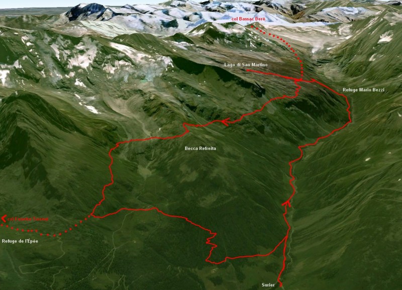 En pointillé rouge, la variante venant du col Fenetre Torrent rejoignant le col Bassac Deré. On évite ainsi le fond de vallée en empruntant le sentier 11 panoramique N > S.