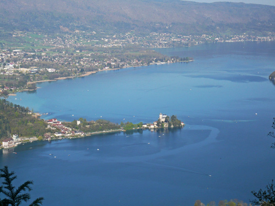 Lac d'Annecy : Du bois des hêtres vue en plongée sur le lac et le chateau de Duingt