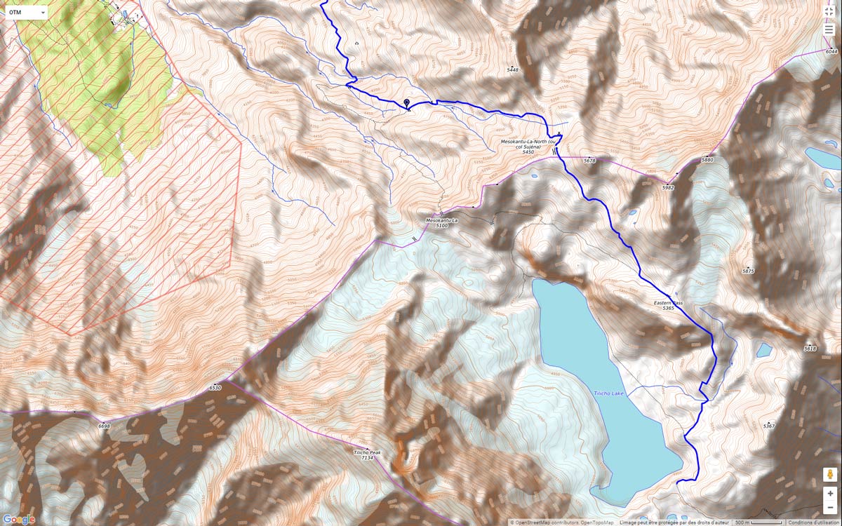 La trace OTM depuis le Tilicho Lake qui franchit le col Sujéna (Mésokantu La Noth Pass - 5450m) via Eastern Pass (5365m)